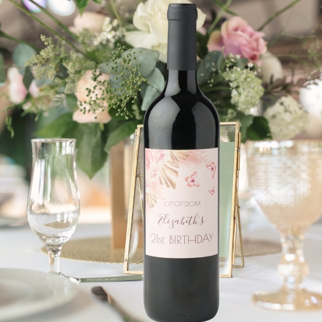 Étiquette Pour Bouteilles De Vin Pampas herbe rose roses pêche papillons anniversai (Créateur téléchargé)