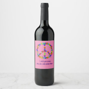 Étiquette Pour Bouteilles De Vin Panneau de paix avec fleurs colorées