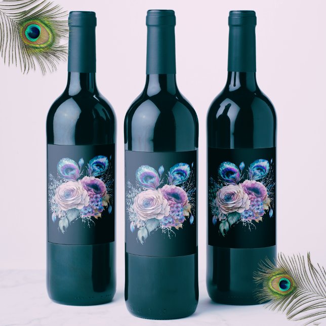 Étiquette Pour Bouteilles De Vin Paon Noir Élégant Floral (Créateur téléchargé)