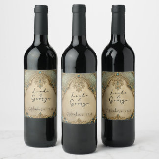 Étiquette Pour Bouteilles De Vin Papier vintage turquoise filigrane or Art Déco