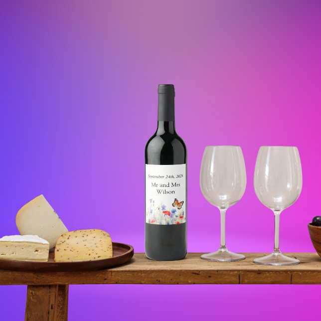 Étiquette Pour Bouteilles De Vin Papillon aquarelle et Mariage Fleur sauvage (Créateur téléchargé)