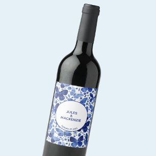 Étiquette Pour Bouteilles De Vin Papillon Aquarelle Indigo Mariage bleu