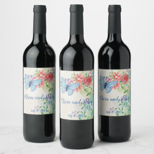 Étiquette Pour Bouteilles De Vin Papillon aquarelle personnalisé et rose rouge