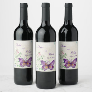 Étiquette Pour Bouteilles De Vin Papillon pourpre à aquarelle personnalisée