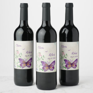Étiquette Pour Bouteilles De Vin Papillon pourpre à aquarelle personnalisée