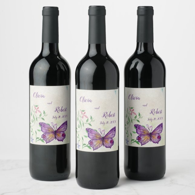Étiquette Pour Bouteilles De Vin Papillon pourpre à aquarelle personnalisée (Bouteilles)