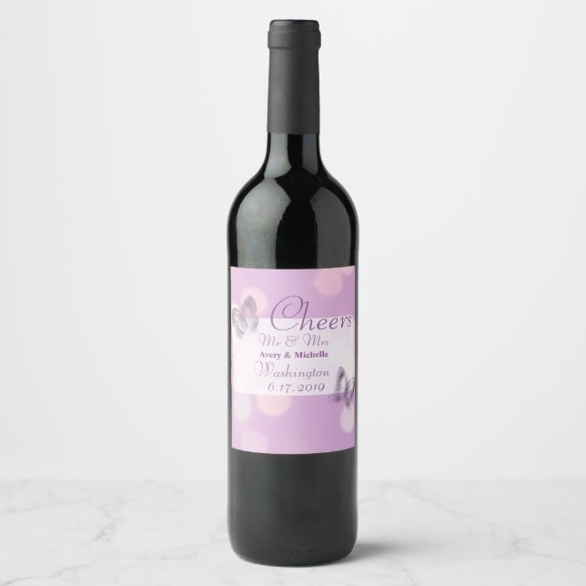 Étiquette Pour Bouteilles De Vin Papillon violet Customisé Mariage (Devant)