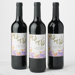 Étiquette Pour Bouteilles De Vin Papillons Boho Hydrangeas Fête des mariées violett