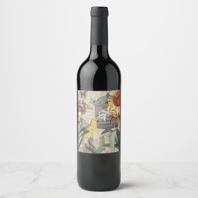 Étiquette Pour Bouteilles De Vin Parrot Jaune Tropical Antique Fleur (Devant)