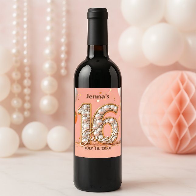 Étiquette Pour Bouteilles De Vin Parties scintillant d'or rose pâle Pearly Sweet 16 (Créateur téléchargé)