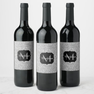 Étiquette Pour Bouteilles De Vin Parties scintillant gris argent scintille Monogram