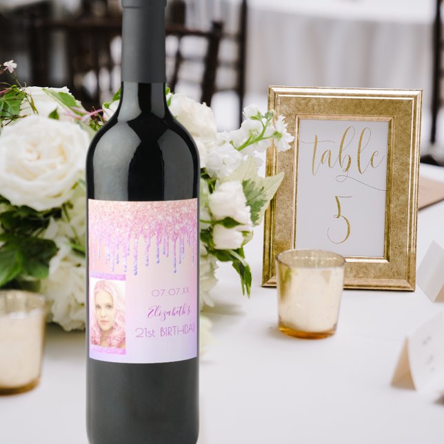 Étiquette Pour Bouteilles De Vin Parties scintillant rose d'anniversaire gouttes ph (Créateur téléchargé)