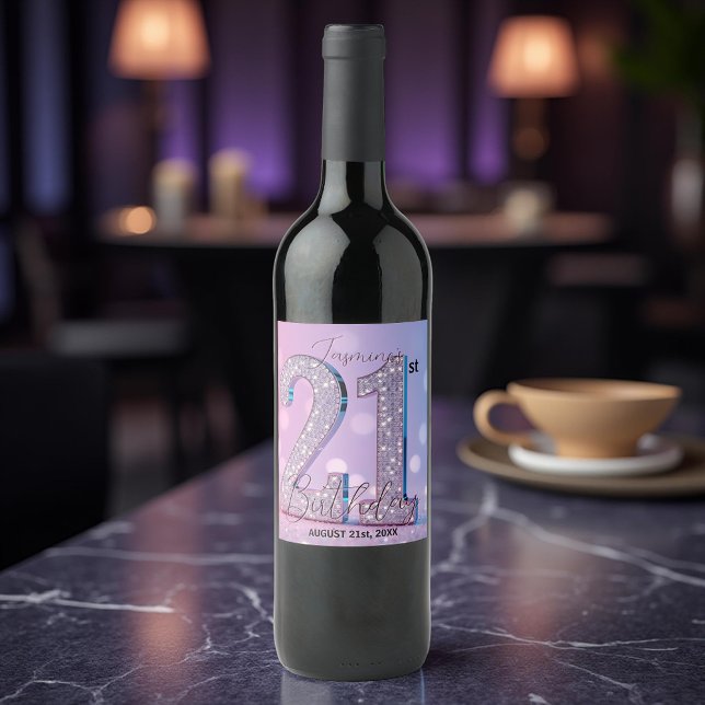 Étiquette Pour Bouteilles De Vin Parties scintillant rose Diamant 21ème anniversair (Créateur téléchargé)
