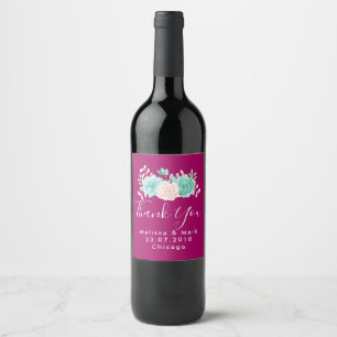 Étiquette Pour Bouteilles De Vin Pastel Rose & Vert Bouquet Floral Merci Mariage
