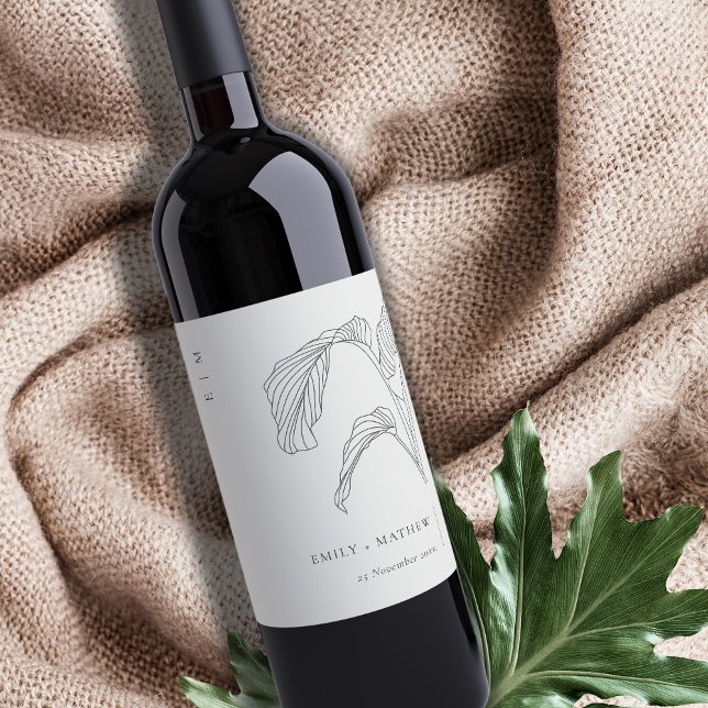Étiquette Pour Bouteilles De Vin Paume feuilleté minimum croquis noir Mariage blanc (Créateur téléchargé)