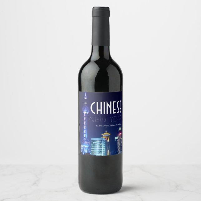 Étiquette Pour Bouteilles De Vin Paysage urbain de Shanghai, Nouvel An chinois (Devant)