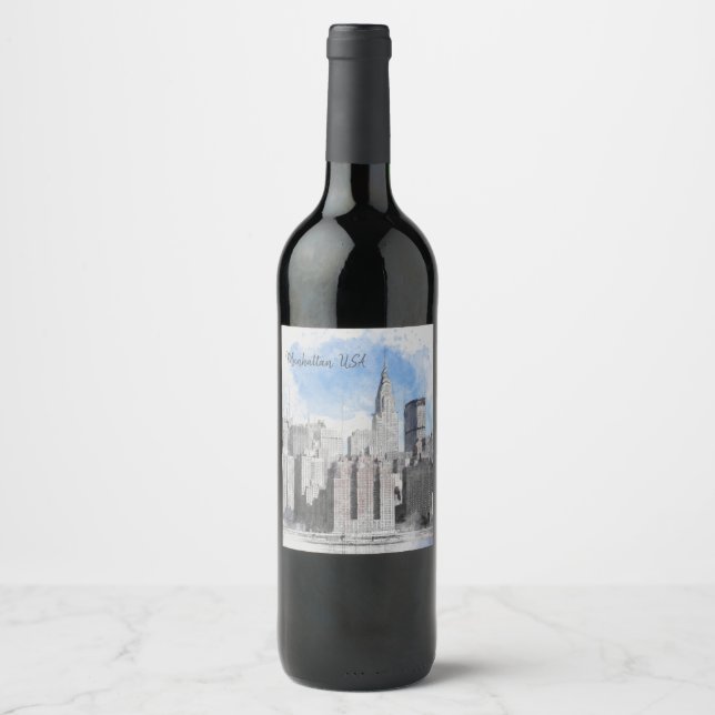 Étiquette Pour Bouteilles De Vin Paysage urbain élégant de Manhattan à New York | S (Devant)