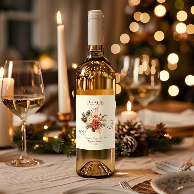 Étiquette Pour Bouteilles De Vin Peace Jove Love Beige Floral Noël (Wine Label)
