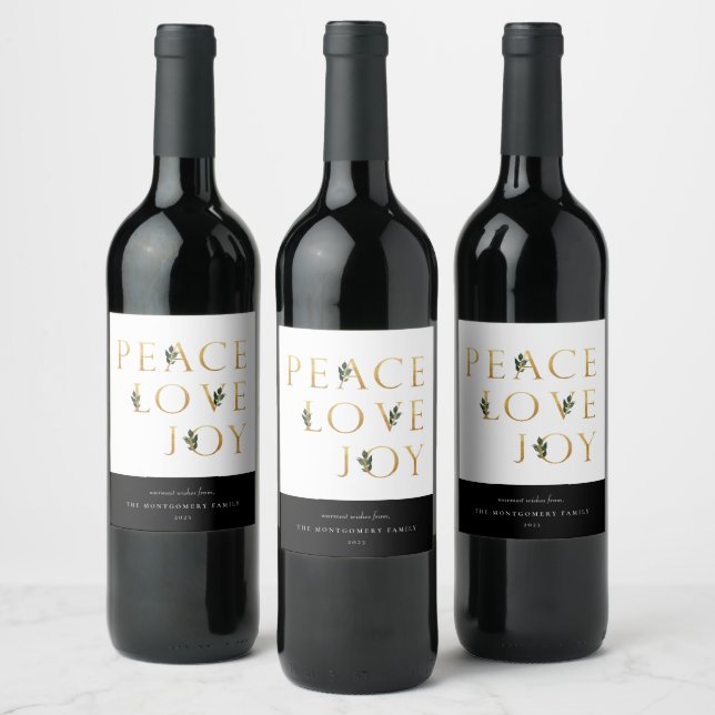 Étiquette Pour Bouteilles De Vin Peace Love Joy Golden Botanical (Bouteilles)
