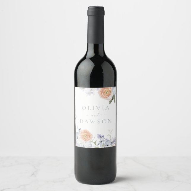Étiquette Pour Bouteilles De Vin Peach Fuzz Dusty Blue Mariage moderne tendance (Devant)