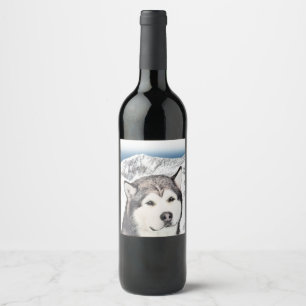 Étiquette Pour Bouteilles De Vin Peinture sur malamute en Alaska - Beau art origina