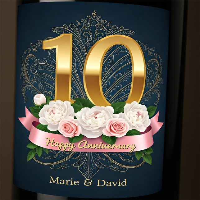 Étiquette Pour Bouteilles De Vin Peonies et Filigree Gold 10e anniversaire Mariage (Créateur téléchargé)