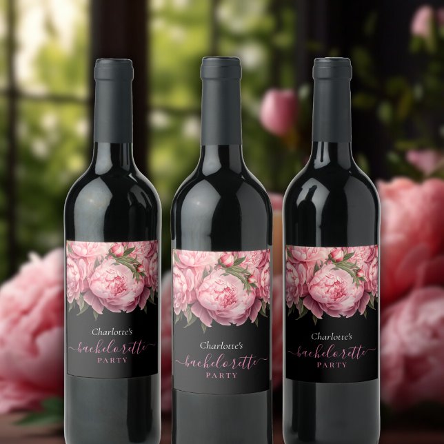 Étiquette Pour Bouteilles De Vin Peonies roses Black Bachelorette Party (Pink Peonies Watercolor Black Bachelorette Party Wine Label)