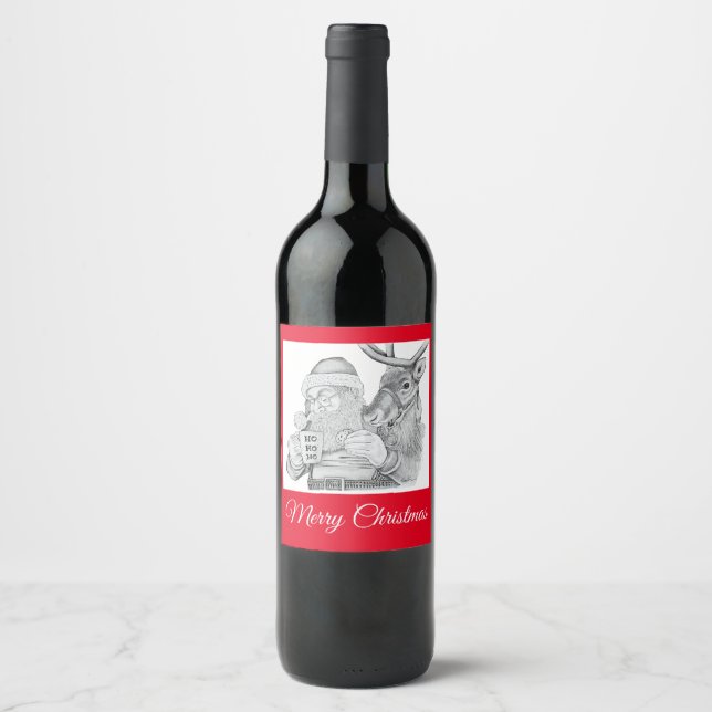 Étiquette Pour Bouteilles De Vin Père Noël et rennes (Devant)