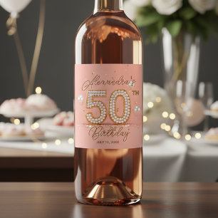 Étiquette Pour Bouteilles De Vin Perle Luxueuse Rose Gold 50e Anniversaire