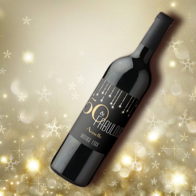 Étiquette Pour Bouteilles De Vin Personnalisé 50 & Fabuleux Black Gold Lumières Élé (Créateur téléchargé)