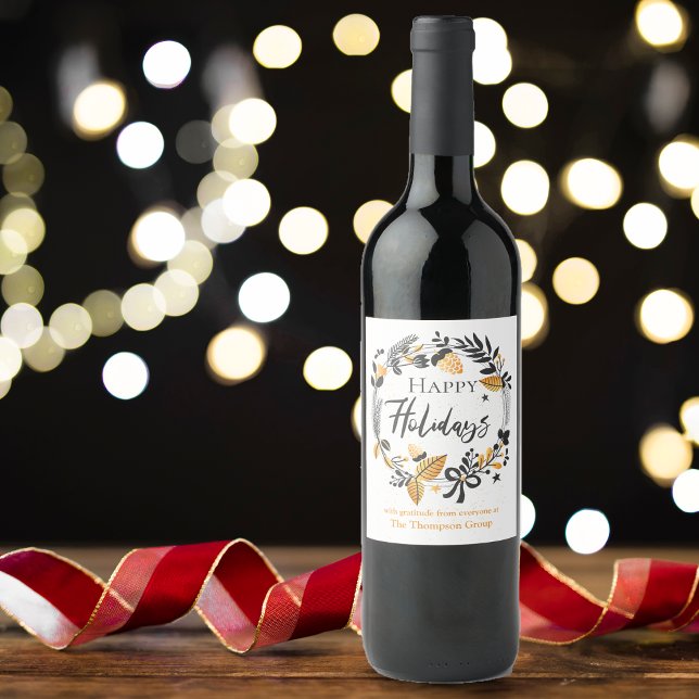 Étiquette Pour Bouteilles De Vin Personnalisé | Courbe noire jaune | Joyeuses fêtes (Custom | Yellow Black Wreath | Happy Holidays Wine Label)