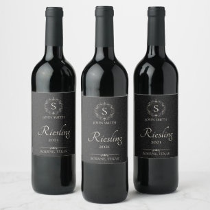 Étiquette Pour Bouteilles De Vin Personnalisé Élégant Noir Monogramme