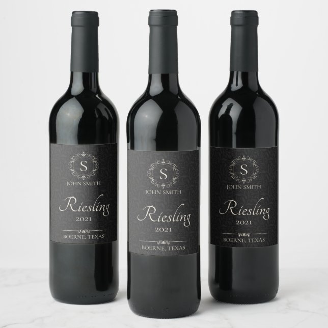 Étiquette Pour Bouteilles De Vin Personnalisé Élégant Noir Monogramme (Bouteilles)