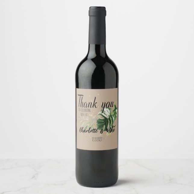 Étiquette Pour Bouteilles De Vin Personnaliser le Merci Mariage de feuilles tropica (Devant)