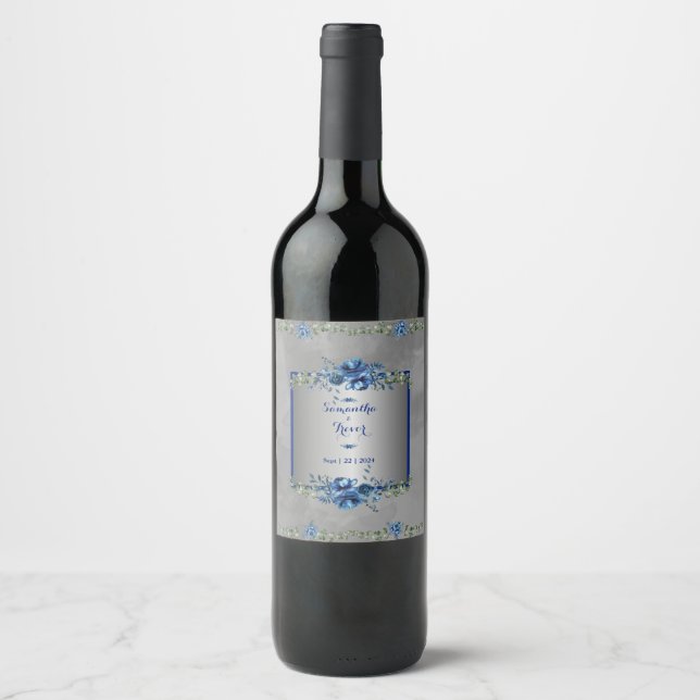 Étiquette Pour Bouteilles De Vin Pétales métalliques argentées et bleues (Devant)