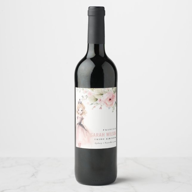 Étiquette Pour Bouteilles De Vin Petite princesse rose Rose Floral Anniversaire (Devant)