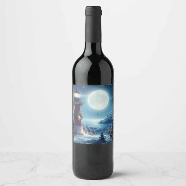 Étiquette Pour Bouteilles De Vin Phare de Noël nautique (Devant)