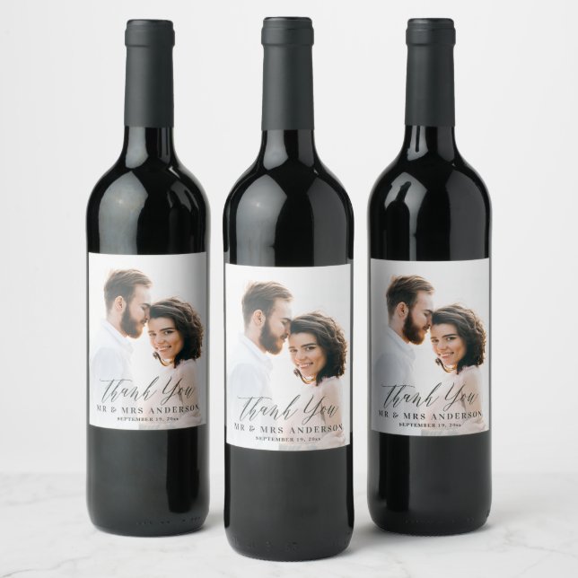 Étiquette Pour Bouteilles De Vin Photo M. et Mme mariage moderne minimaliste merci (Bouteilles)