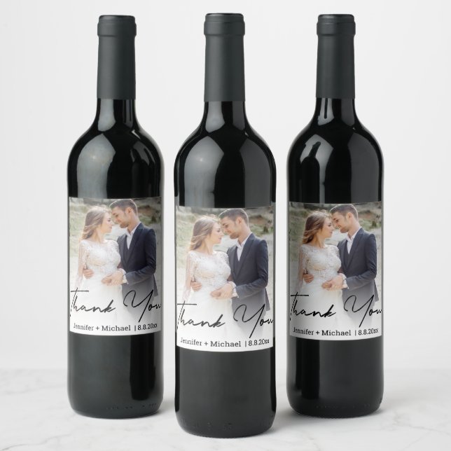 Étiquette Pour Bouteilles De Vin photo mariage manuscrite moderne merci (Bouteilles)