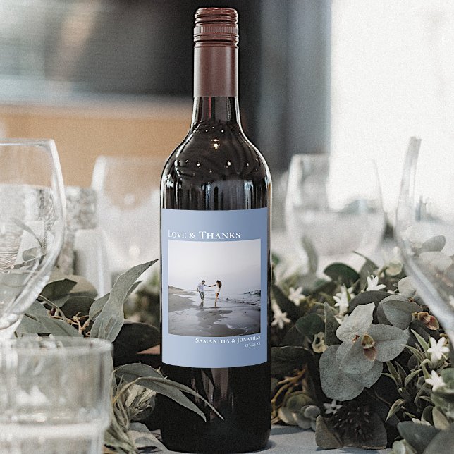 Étiquette Pour Bouteilles De Vin Photo moderne Dusty Blue Love & Merci Mariage (Créateur téléchargé)