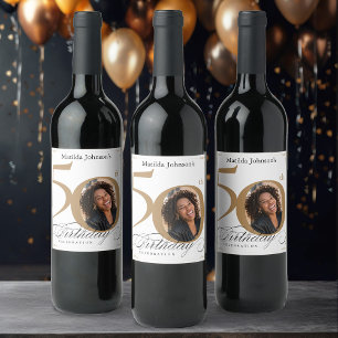 Étiquette Pour Bouteilles De Vin Photo personnalisée Elegant Gold 50th Birthday Par