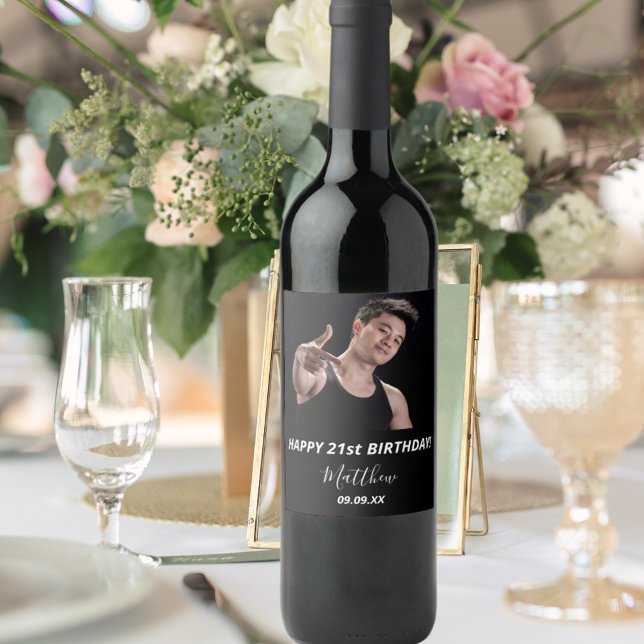 Étiquette Pour Bouteilles De Vin Photo personnalisée noir blanc fête d'anniversaire (Créateur téléchargé)