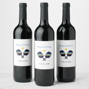 Étiquette Pour Bouteilles De Vin Pickleball Party Sports Bleu foncé Paddles rayées