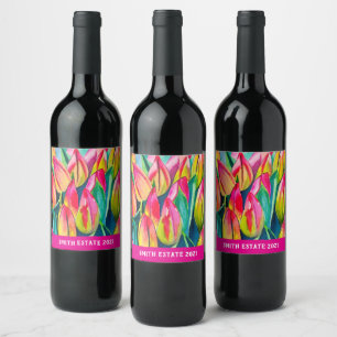 Étiquette Pour Bouteilles De Vin Pink aquarelle tulipe art