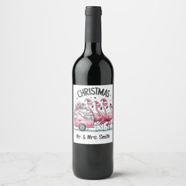 Étiquette Pour Bouteilles De Vin Pink Flamingo Christmas (Devant)