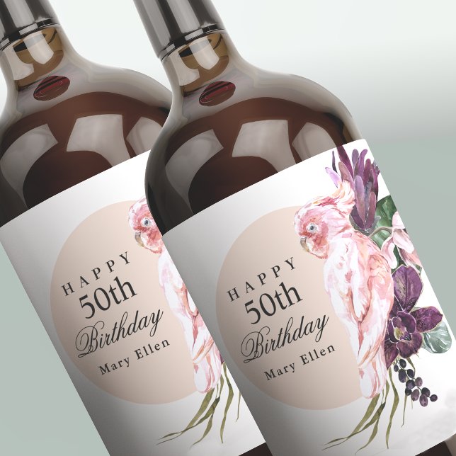 Étiquette Pour Bouteilles De Vin Pink Parrot Boho Tropical 50th Birthday Party (Créateur téléchargé)