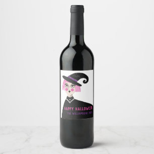 Étiquette Pour Bouteilles De Vin Pink Witch Nom personnalisé Fête d'Halloween