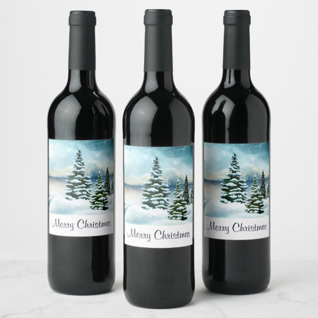 Étiquette Pour Bouteilles De Vin Pittoresque Winter Wonderland aquarelle peinture (Bouteilles)