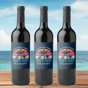 Étiquette Pour Bouteilles De Vin Plage cool Personnalisée Fête Palmiers Bleus