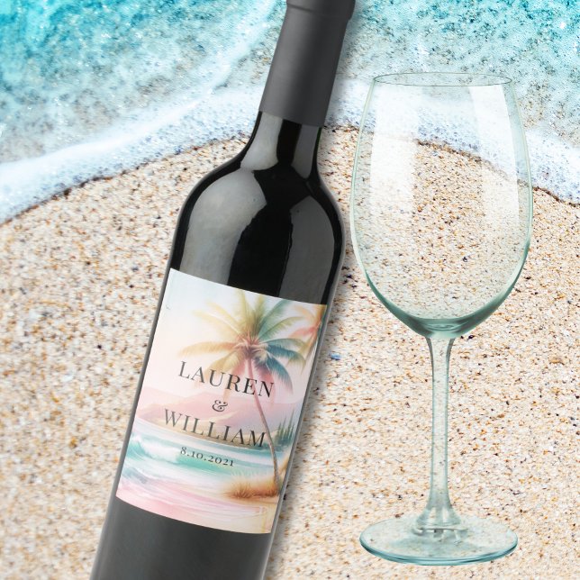 Étiquette Pour Bouteilles De Vin Plage tropicale aquarelle Palm Tree Mariage (Créateur téléchargé)
